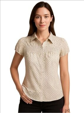 Midtown White Black Polka Dot Button Front Shirt Large